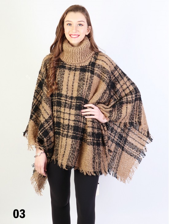 Loose Neck Poncho W/ Plaid